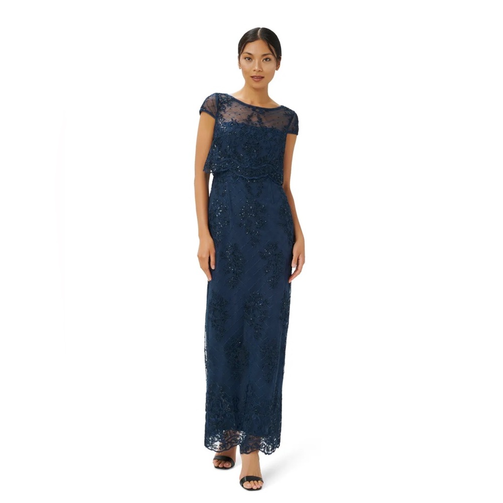 Adrianna Papell Embroidery Column Gown Navy Lace Dress